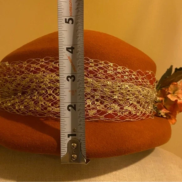 Adolfo Orange 💯 wool felt  Hat with Floral and Leaf Accents Derby style hat - Picture 12 of 12